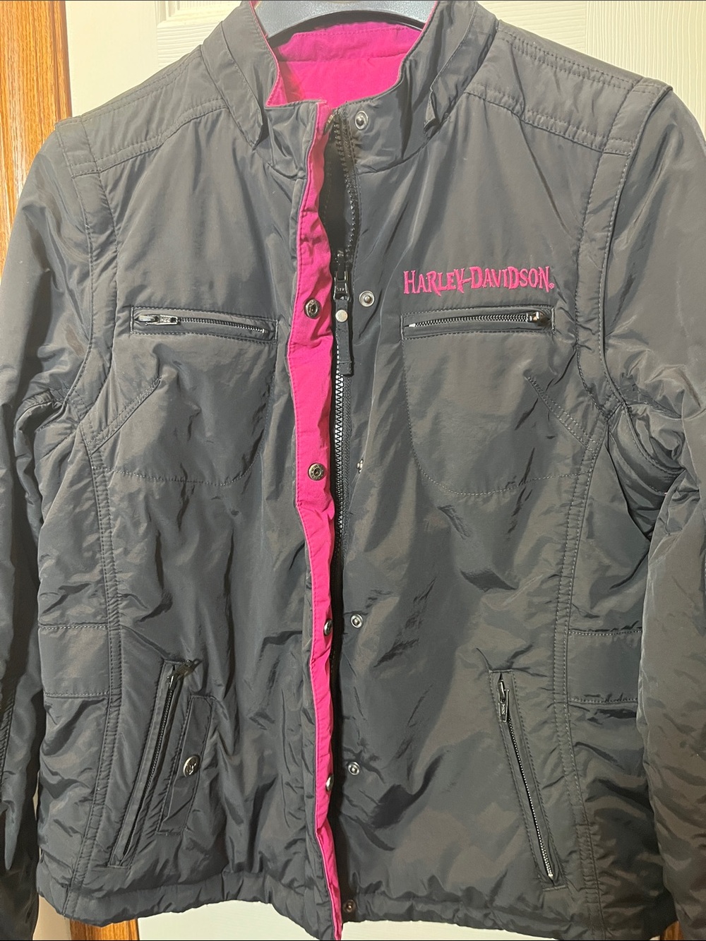HARLEY DAVIDSON Black & Pink Reversible Med Weight Coat &/or Vest Women’s Large - Picture 13 of 16